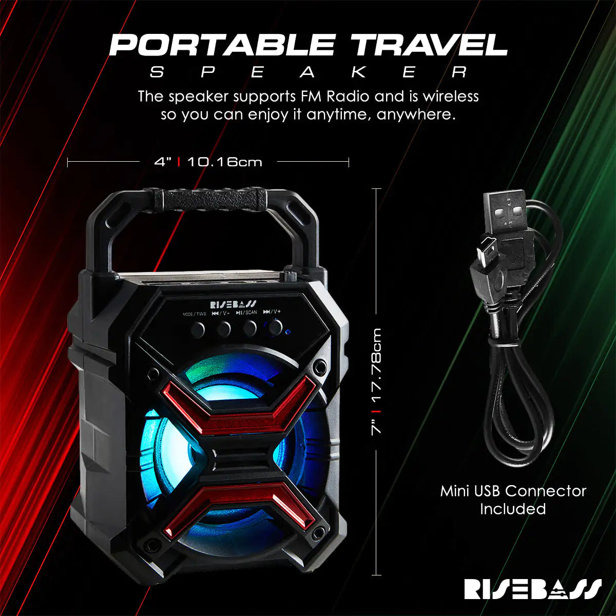 Loud portable wireless speaker with handle and colorful LED lights, includes mini USB connector