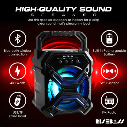 Loud portable wireless speaker with high-quality sound, Bluetooth, rechargeable battery, and FM radio
