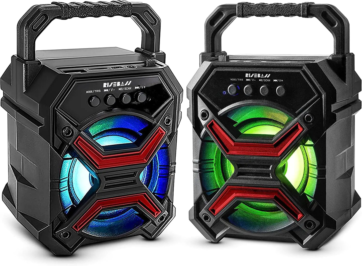 Black loud portable wireless speaker with colorful LED lights and sturdy carrying handle