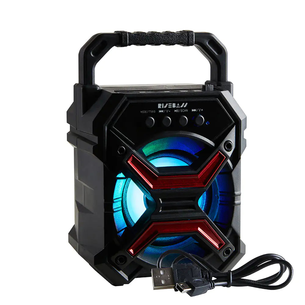 Black loud portable wireless speaker with handle and colorful LED lights including USB charging cable