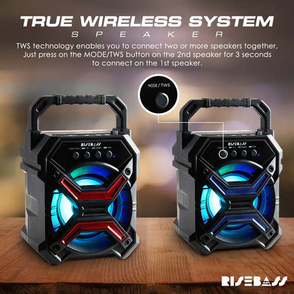 Two loud portable wireless speakers with blue LED lights showing true wireless system feature