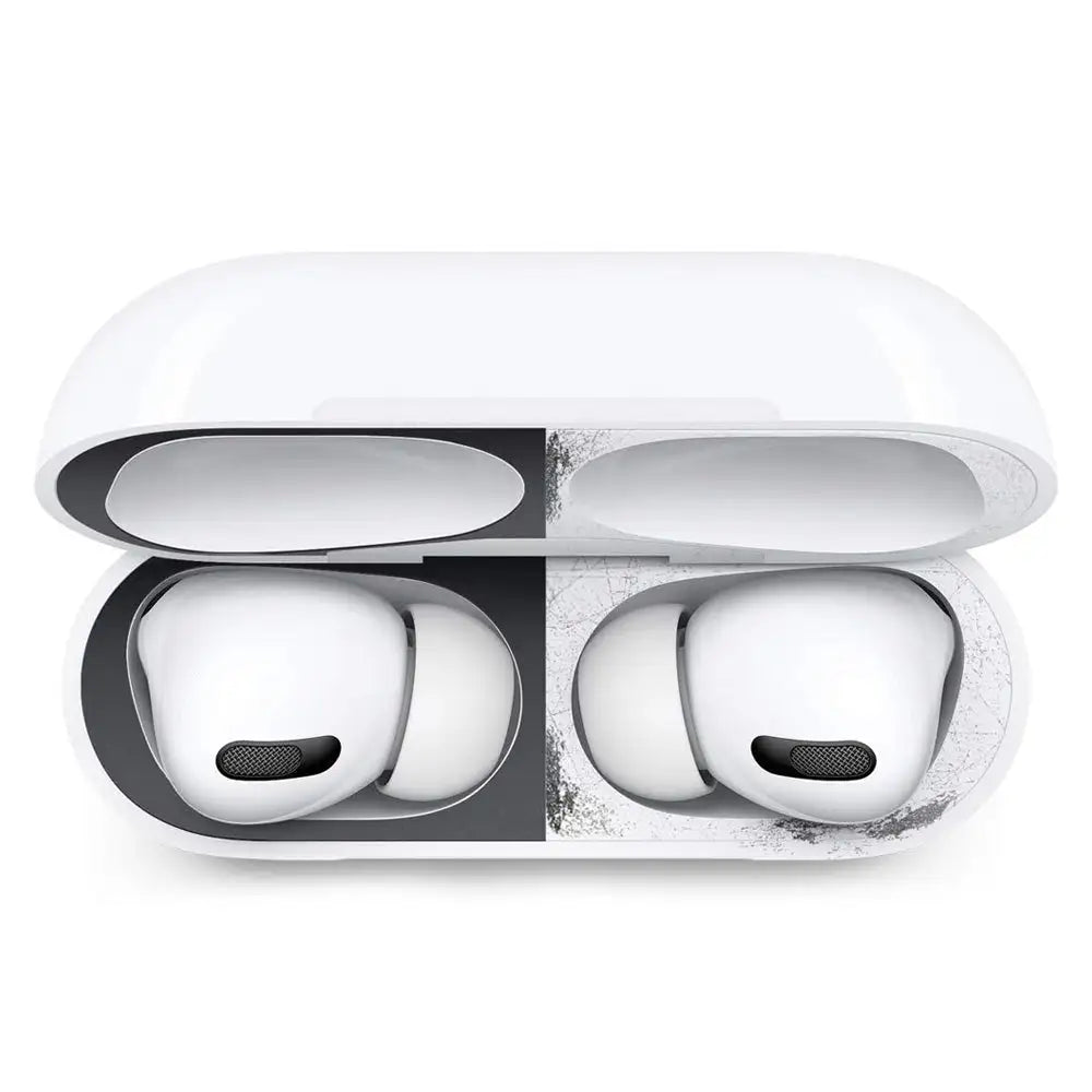 Open white scratch-resistant AirPods case showing inside compartments and earbuds