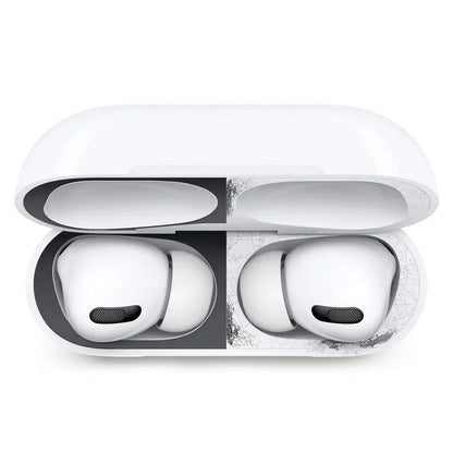 Open white scratch-resistant AirPods case showing inside compartments and earbuds
