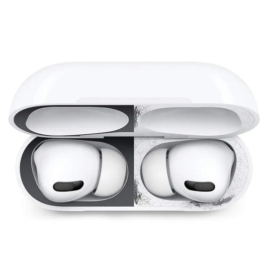 Open white scratch-resistant AirPods case showing inside compartments and earbuds