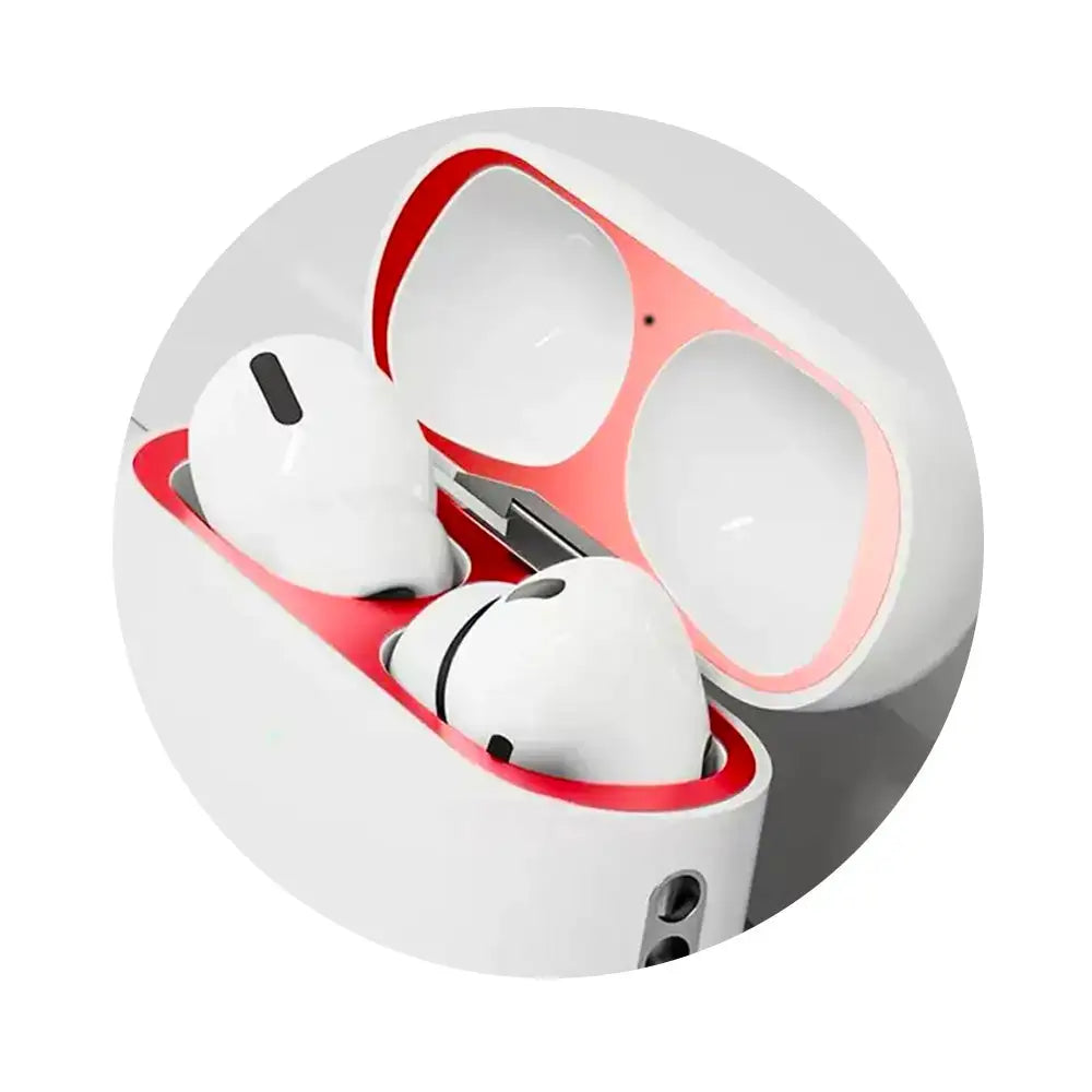 White AirPods in a white and red scratch-resistant AirPods case with open lid