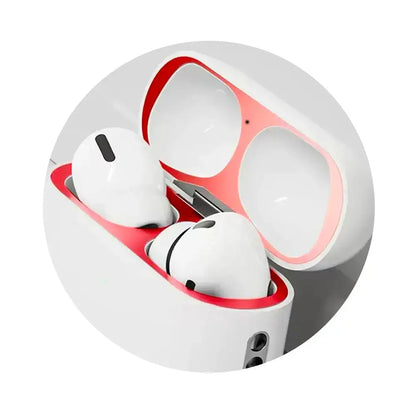 White AirPods in a white and red scratch-resistant AirPods case with open lid