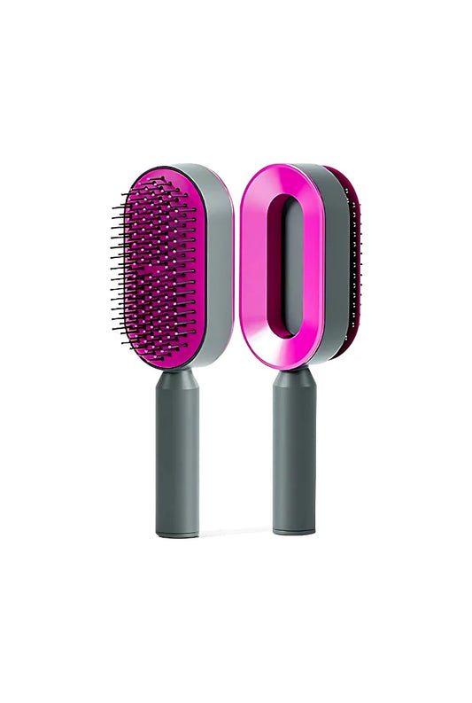 Self-cleaning hair brush with pink and gray design showing front and back views