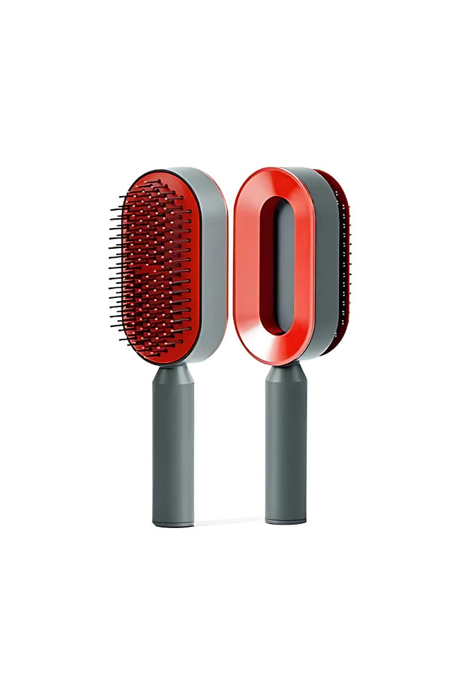 Gray and red self-cleaning hair brush with flexible bristles shown from front and back