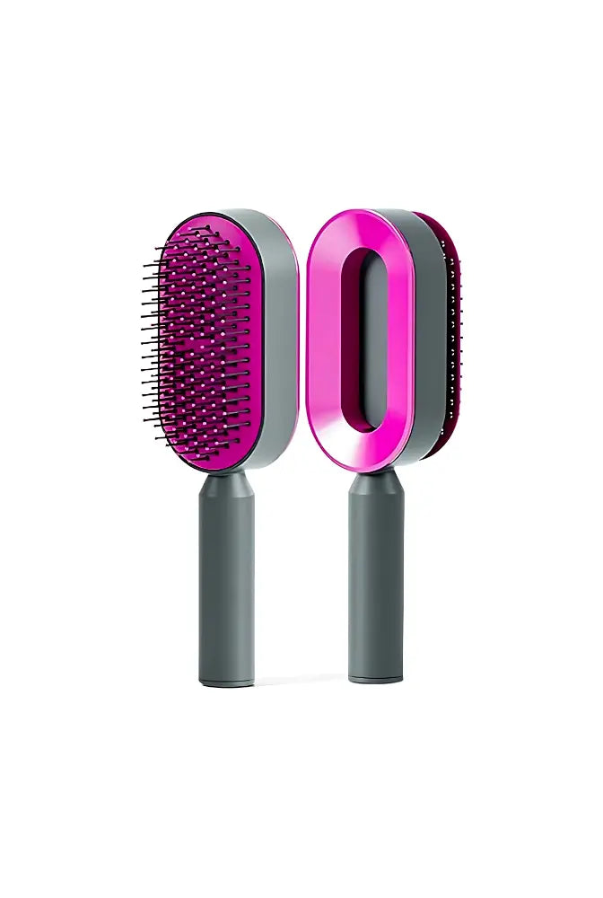 Electronics self-cleaning hair brush with gray handle and pink bristles shown from front and back