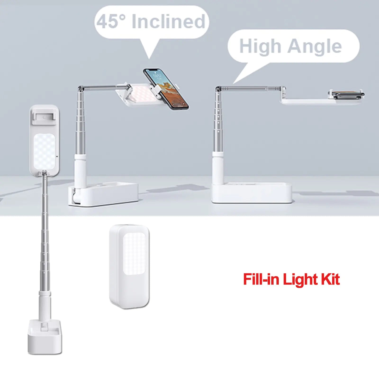 Adjustable smartphone fill-in light with telescoping arm and high angle and 45 degree inclined positions
