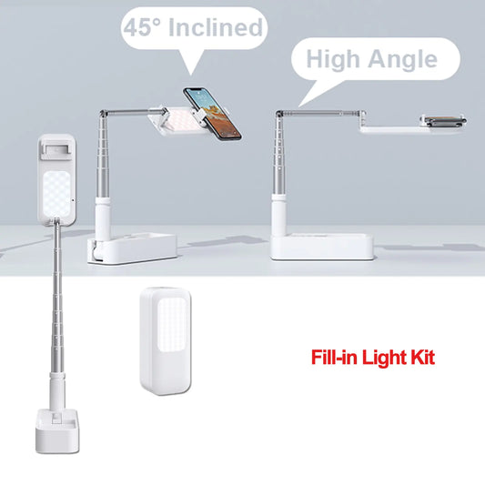 Adjustable smartphone fill-in light with telescoping arm and high angle and 45 degree inclined positions