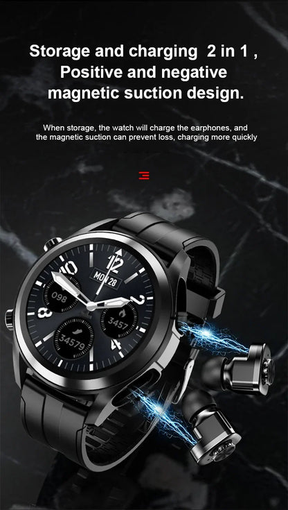 Black 2 in 1 earbuds smartwatch with magnetic suction design for storage and charging