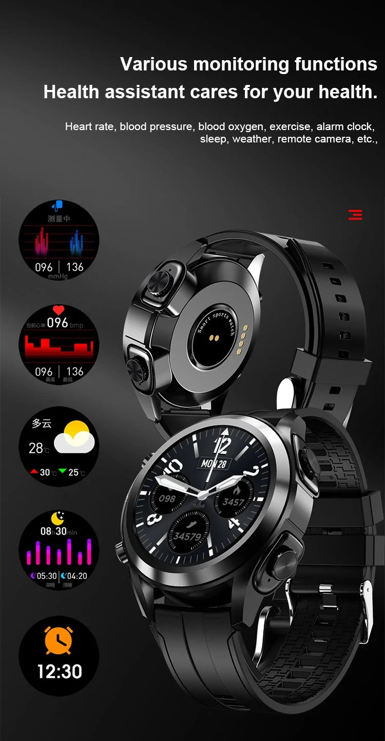 Electronics 2 in 1 earbuds smartwatch with health monitoring features like heart rate and blood pressure