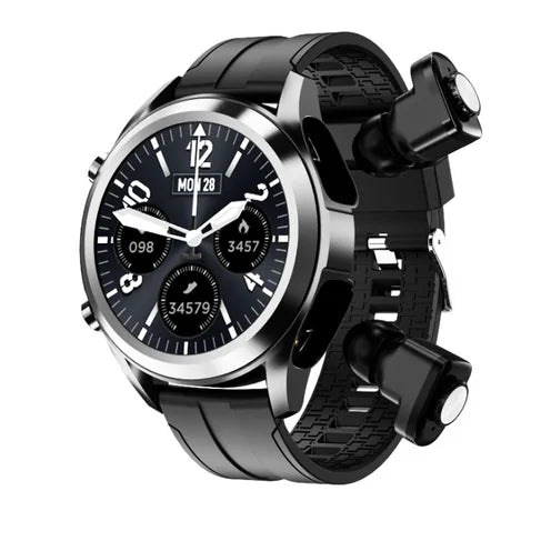 Black 2 in 1 earbuds smartwatch with round dial, fitness tracking, and detachable wireless earbuds
