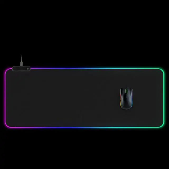 Symphony RGB desk mat with multicolor edge lighting and black gaming mouse on top