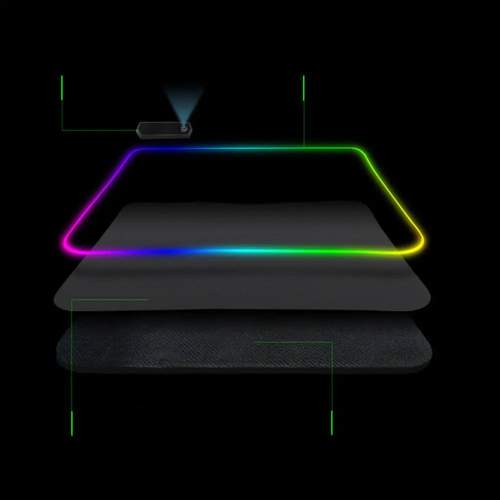 Symphony RGB desk mat with vibrant multicolor lighting and layered design for enhanced gaming setup