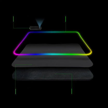 Symphony RGB desk mat with vibrant multicolor lighting and layered design for enhanced gaming setup