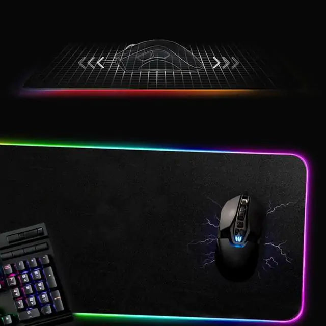 Symphony RGB desk mat with colorful LED edge lighting and gaming mouse on a black surface