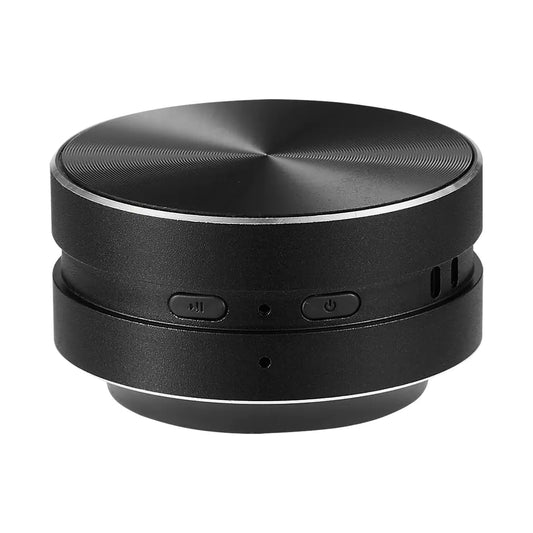 Black compact portable conduction speaker with power and volume buttons for on the go use
